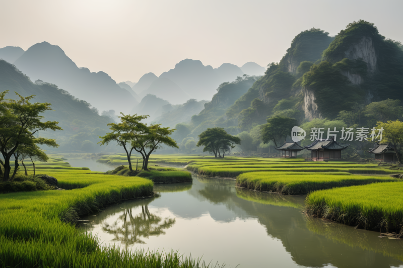 山脉和树木一条河流穿过高清风景图片