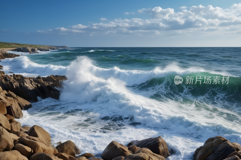 海浪拍打着海滩上的岩石天空蔚蓝风景图片