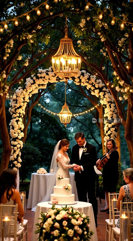 白色花拱下浪漫婚礼现场