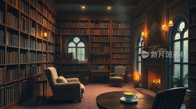 古色古香书房书架、壁炉与咖啡杯营造温馨氛围