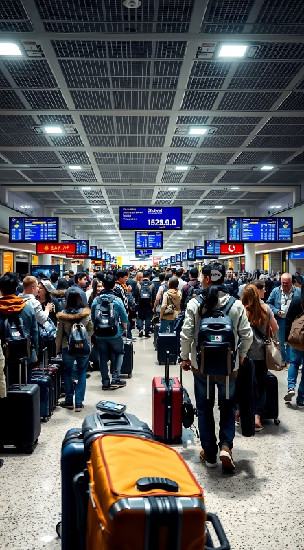 机场候机大厅旅客排队等待登机