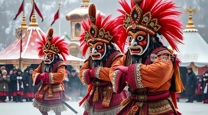 面具舞者红色头饰与华丽服饰的结合