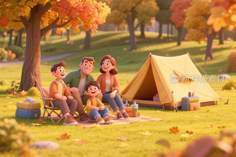 一家人秋日户外露营场景