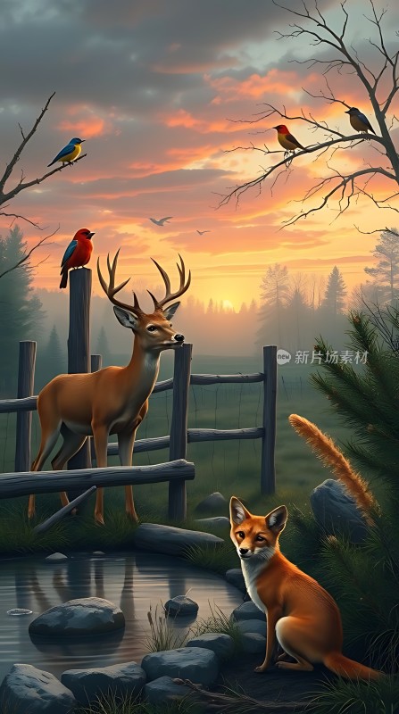 日落下的森林秘境鹿、狐狸与鸟儿的和谐共处