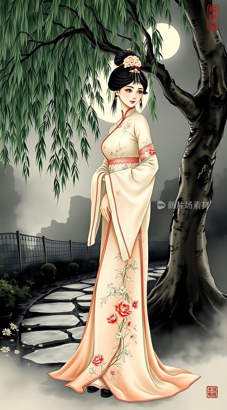 汉服佳人柳下月夜