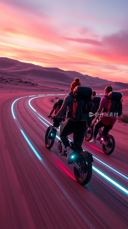 骑行者与日落共舞光影交织沙漠之旅