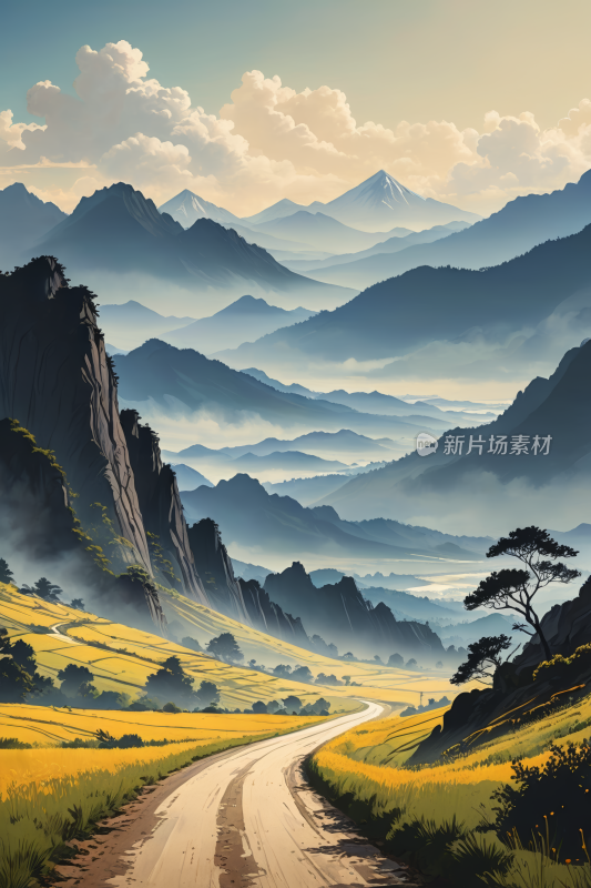 通往山脉的道路高清插画图片