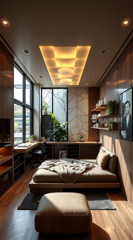 现代简约卧室木质墙面与家具舒适床铺温馨氛围