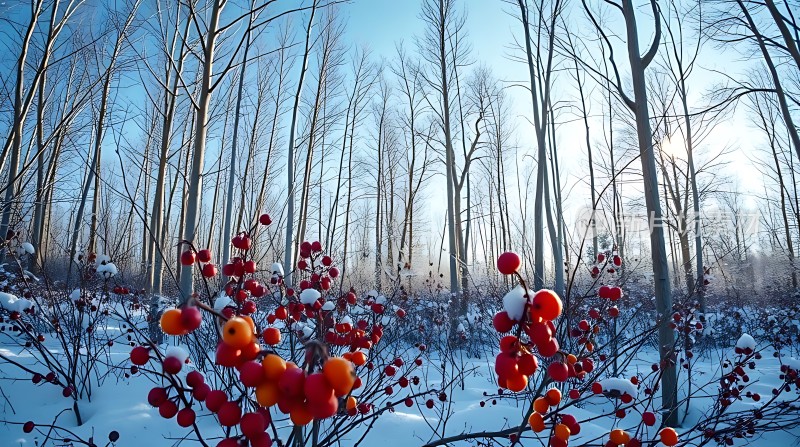 雪地红果映白桦林