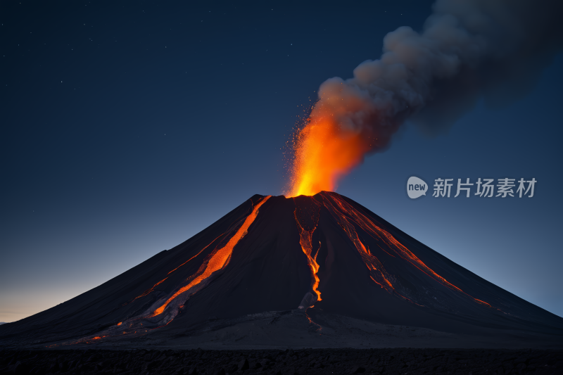 火山熔岩和熔岩从它倾泻而下在晚上高清图片