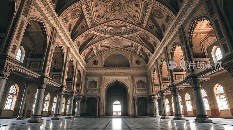 宏伟宫殿内部精美拱门与柱子华丽天花板映衬下的庄严氛围