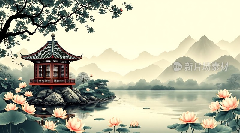 湖畔凉亭映荷花