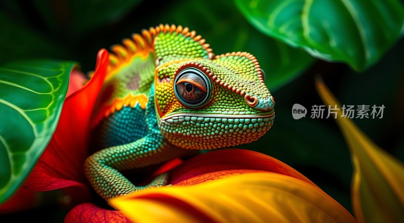 变色龙在花丛中探出头