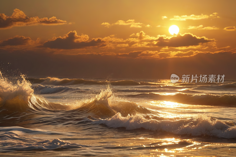 金色阳光波浪中飞溅泽西海岸图片
