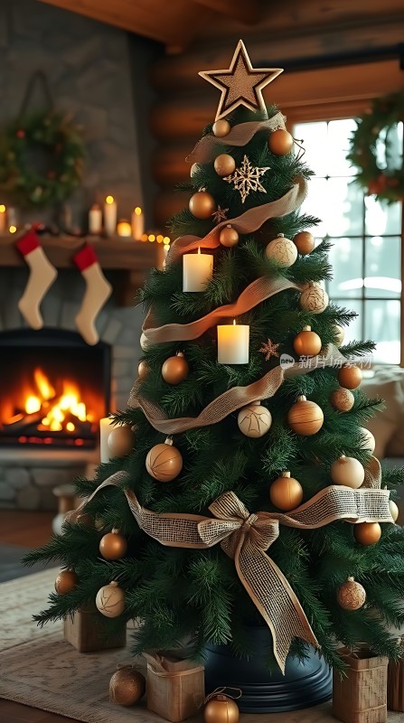 温馨圣诞树金色装饰点亮节日气氛