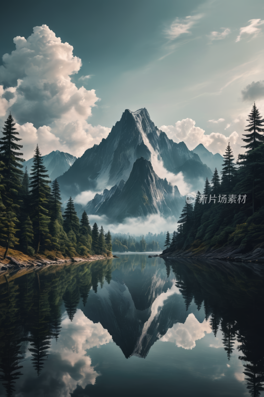 一座有湖和树的高山清插画图片