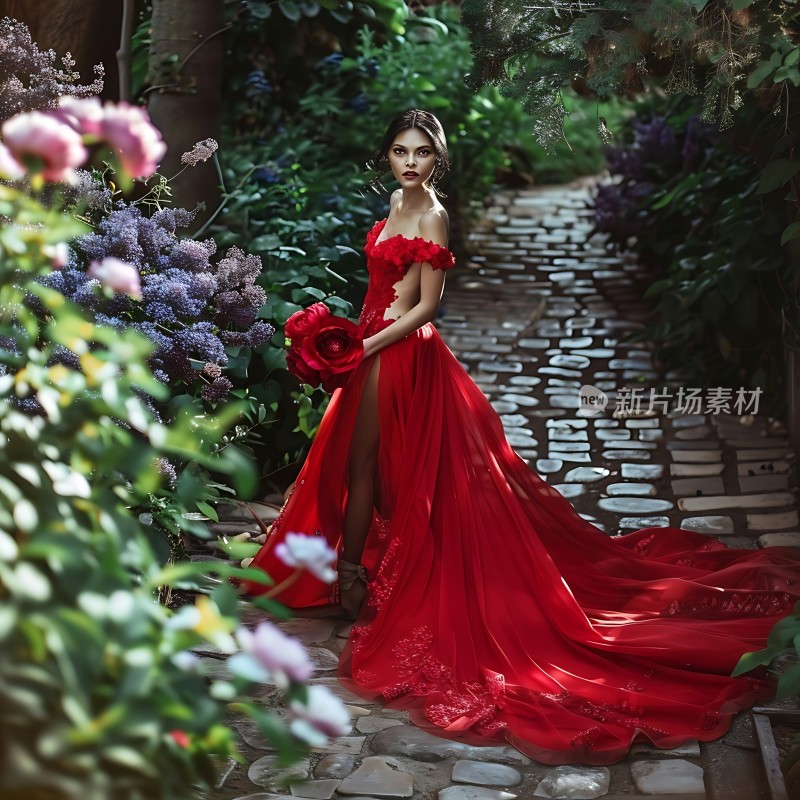 红色礼服佳人花园中漫步