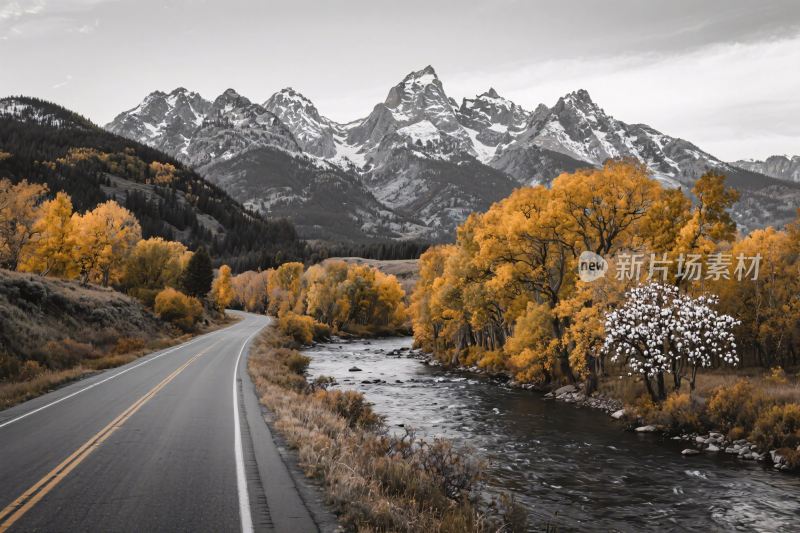 秋日山间公路与河流风景