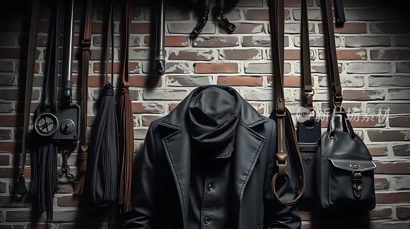 黑色皮衣配饰展示砖墙背景尽显时尚魅力