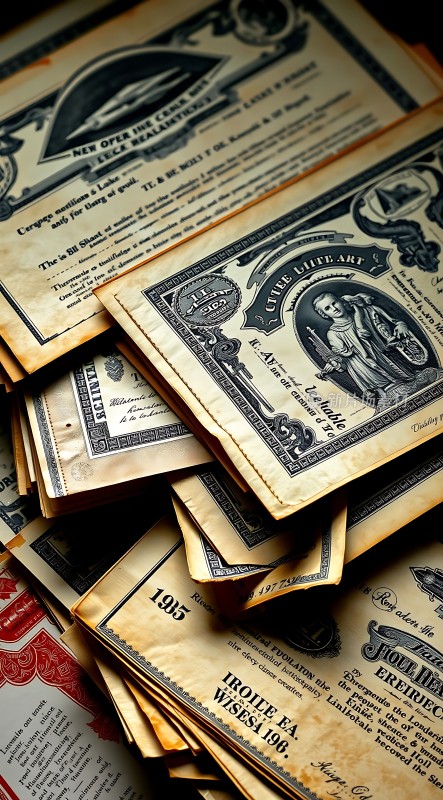 古旧股票堆叠展现历史金融魅力