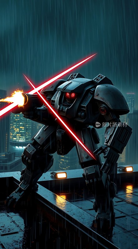 雨夜城市中的机甲战士