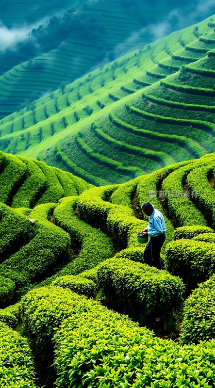 梯田茶园采茶人