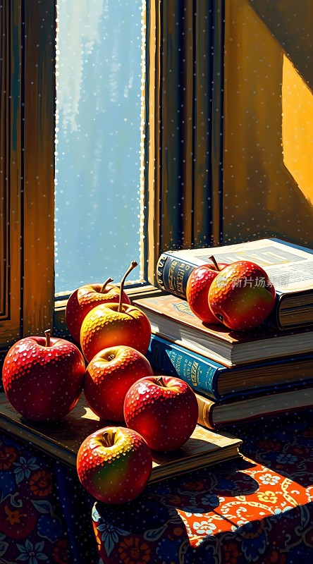阳光下的苹果与书籍