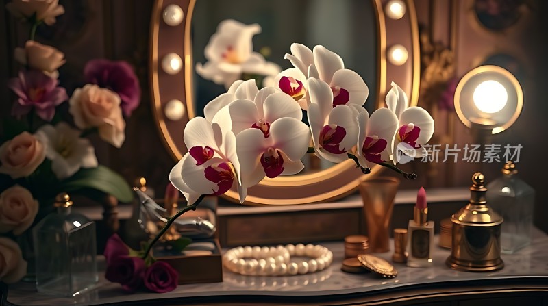 梳妆台上的美丽花朵与化妆品