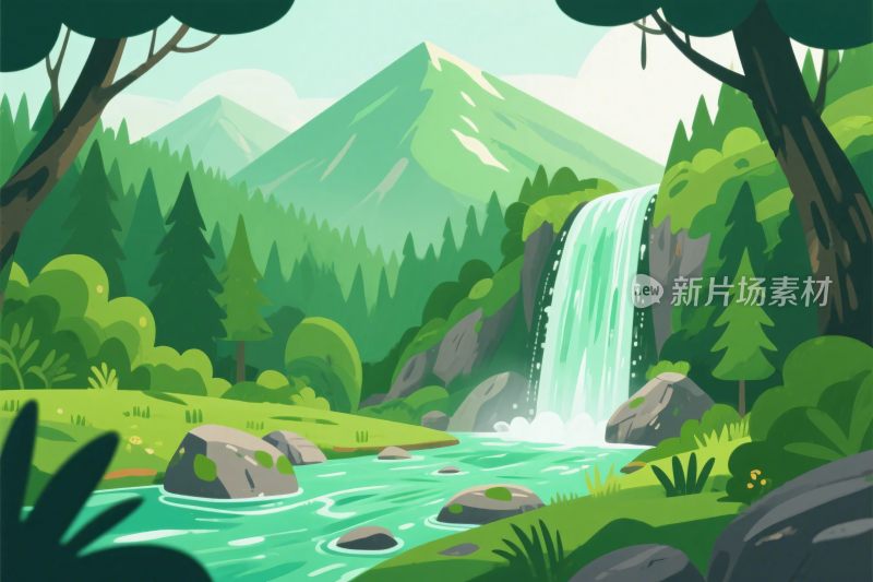 森林瀑布风景插画