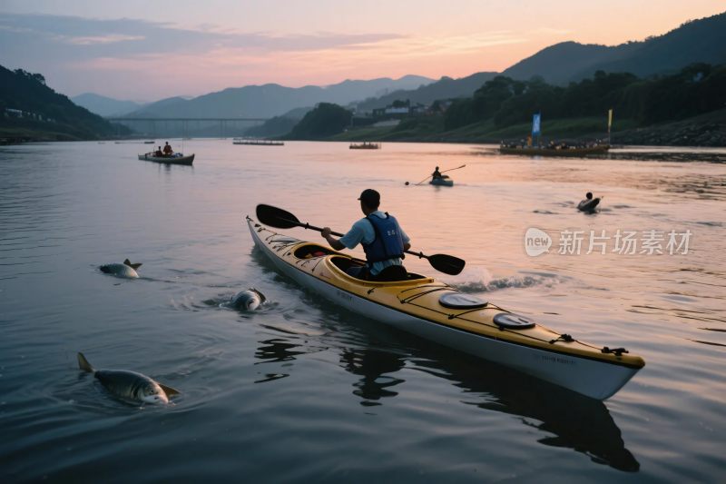 夕阳下皮划艇上的人