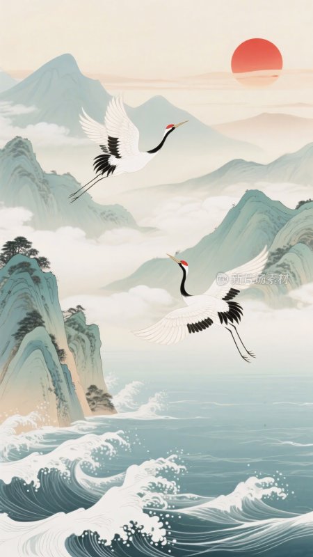 山水间双鹤伴红日飞翔