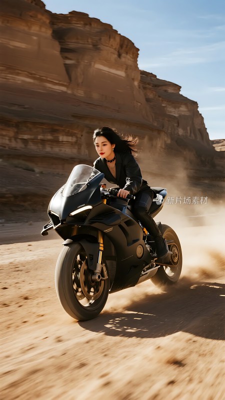 风驰电掣女子骑摩托穿越沙漠峡谷