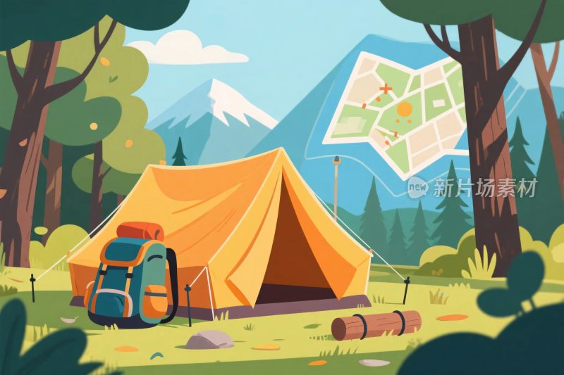 森林中的露营场景插画