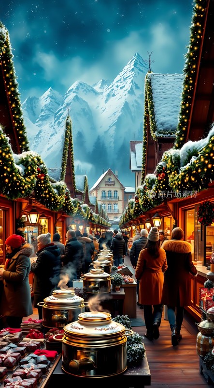 冬日集市圣诞暖意雪山下的温馨节日氛围