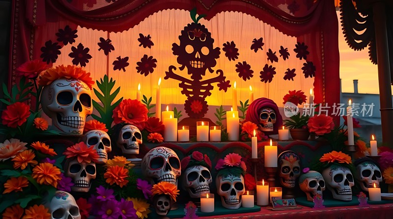 万圣节骷髅祭坛蜡烛与鲜花共舞