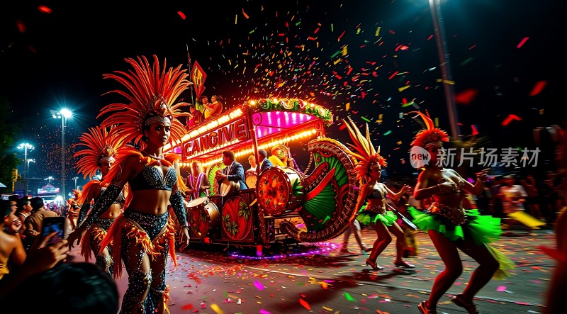 狂欢节之夜霓虹灯光与五彩缤纷的表演者共舞