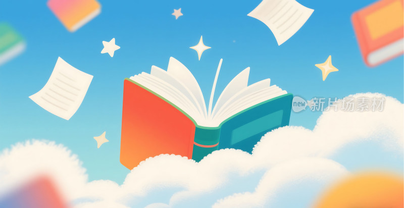 云朵上漂浮的书本插画