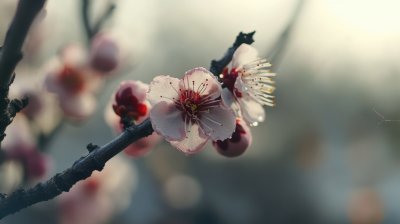 冬天树枝花朵冬季雪景飘雪寒梅