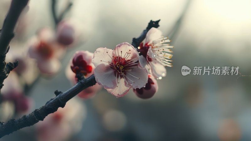 冬天树枝花朵冬季雪景飘雪寒梅