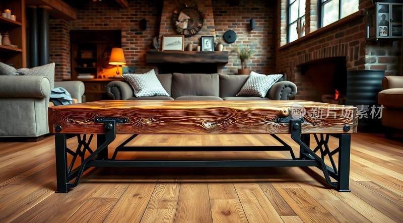 温馨客厅木制茶几与砖墙背景相映成趣