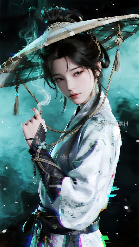 青衣佳人撑油纸伞