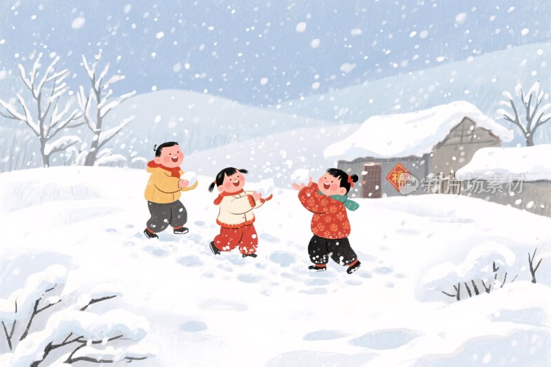 冬日雪地孩童嬉戏