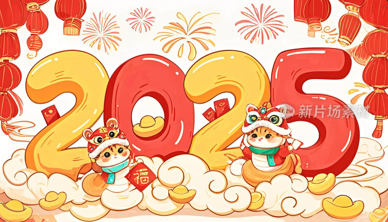 2025新年兔子烟花春节喜庆插画