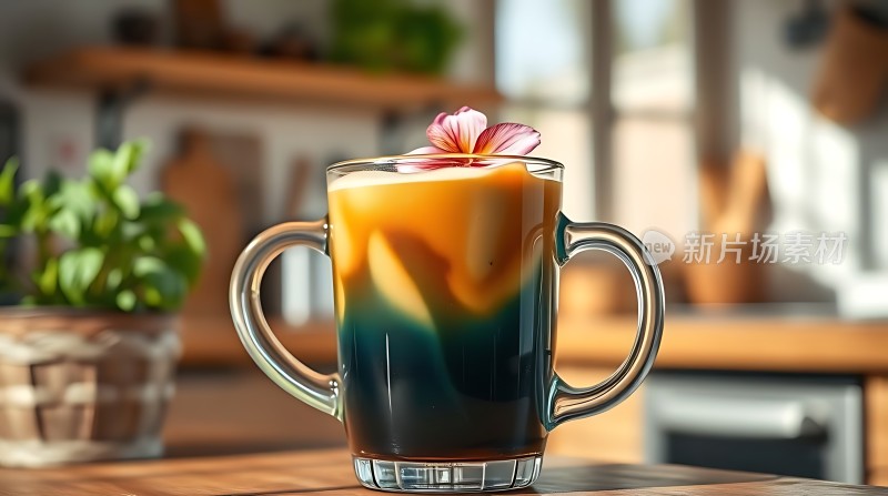 分层咖啡饮品顶部装饰有花朵