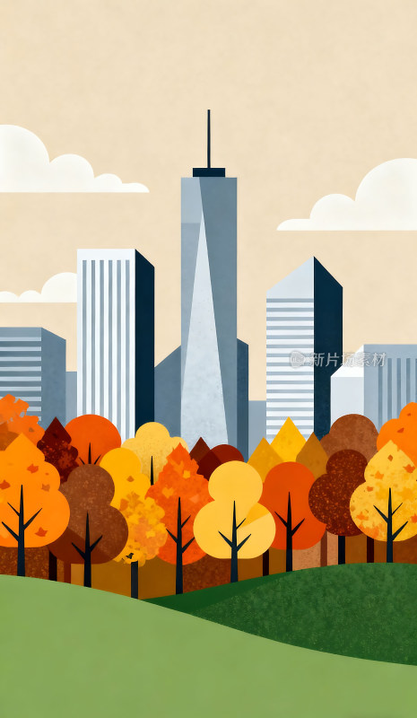 扁平风格现代秋天城市建筑插画背景