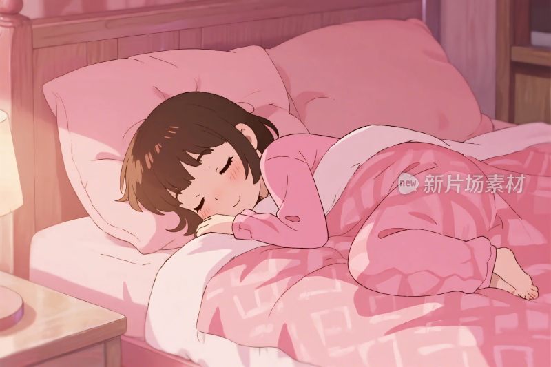 女孩睡觉粉色插画