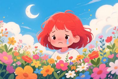 红发女孩花丛月亮