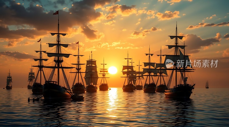 日落下的帆船群