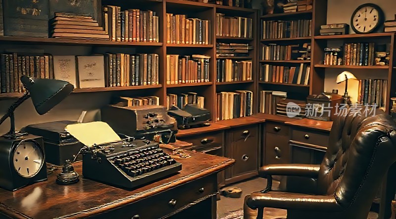复古书房书架、打字机与皮椅