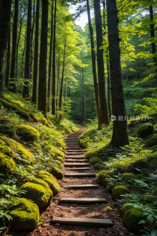 树林里的小路被夷为平地地面上长满苔藓风景